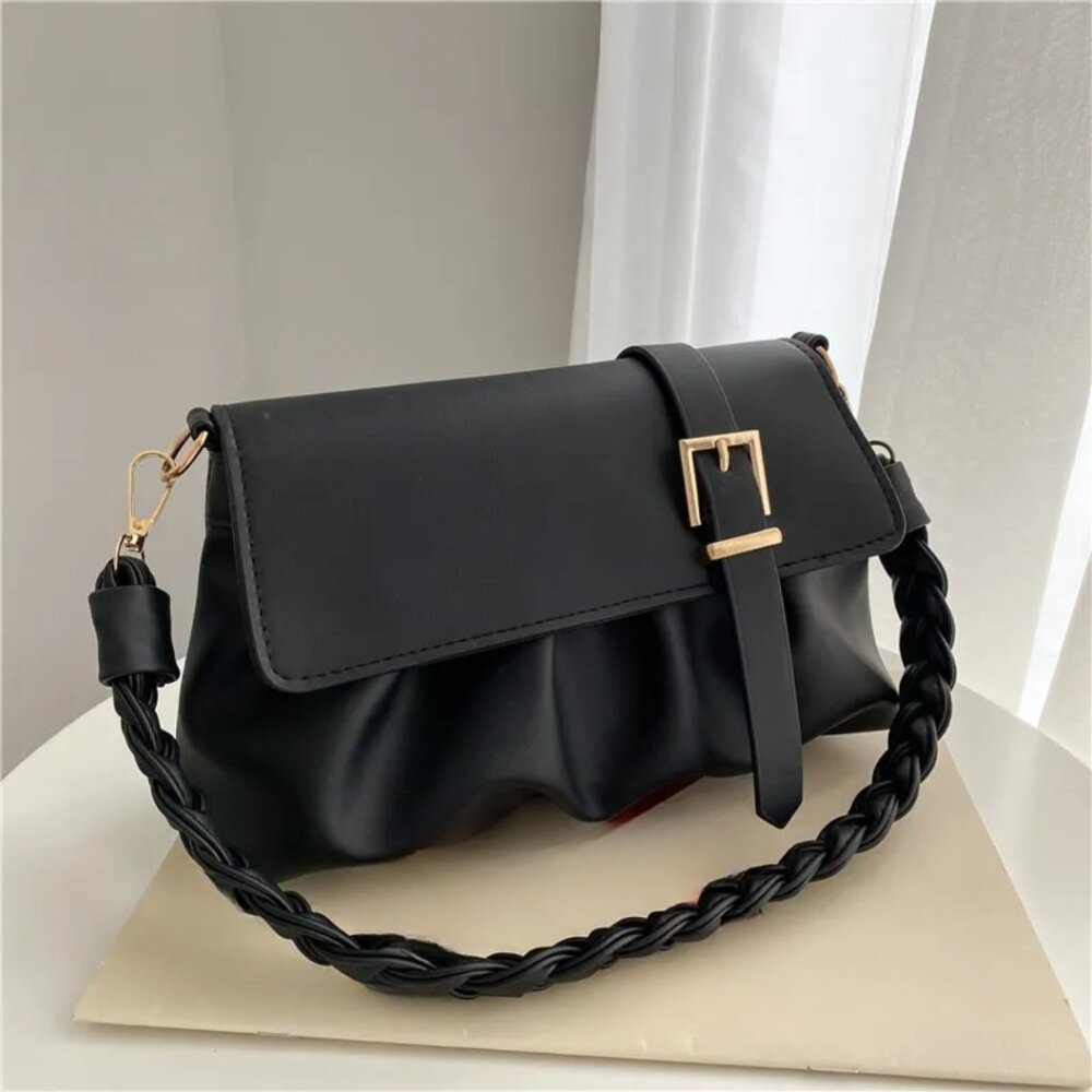 Bailey's Pleated Chic Belted Satchel, BLACK